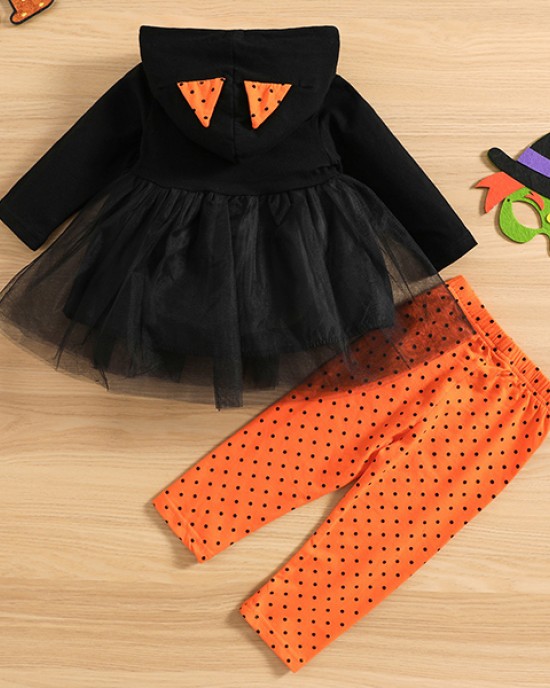 【12M-5Y】Girl Halloween Print Tulle Splicing Hooded Sweatshirt And Pants Set