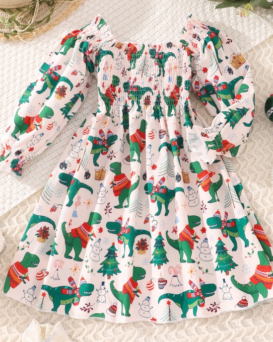 【2Y-7Y】Girl Cute Colorful Christmas Cartoon Print Long Sleeve Square Neck Dress