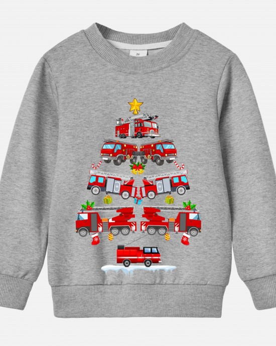 【12M-9Y】Unisex Cotton Stain Resistant Fire Truck Christmas Tree Print Long Sleeve Sweatshirt