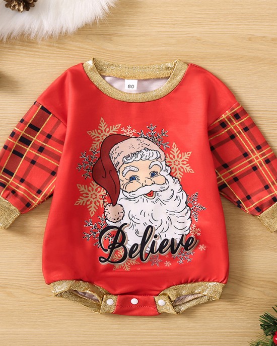 【3M-18M】Baby Girl Cute Plaid Christmas Santa Claus Print Romper