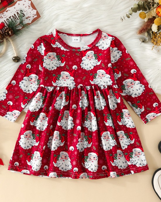 【9M-4Y】Girl Cute Christmas Santa Claus Print Long Sleeve Dress