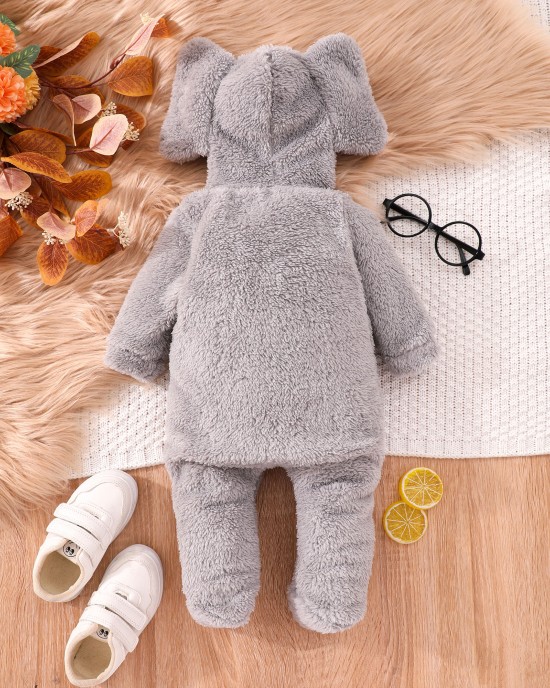 【0M-18M】Unisex Baby Cute Velvet Keep Warm Elephant Hooded Jumpsuit