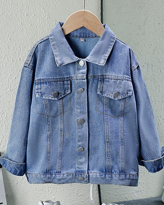 【3Y-12Y】Girl Casual Bunny Bear Sequin Embroidered Bowknot Lapel Denim Jacket