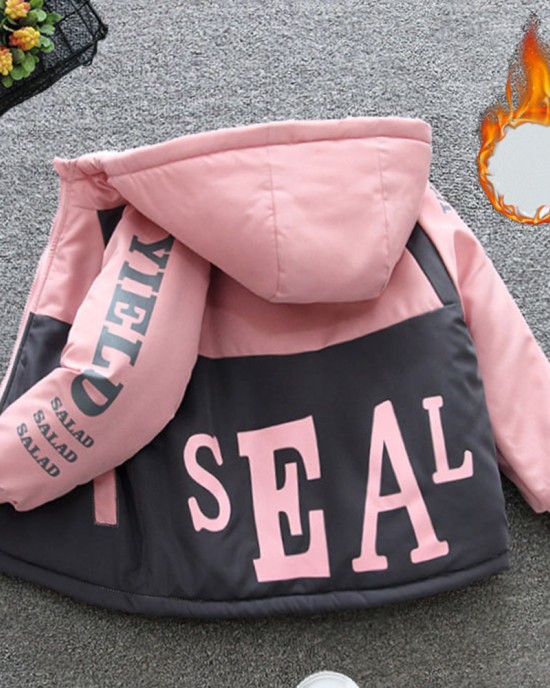 【18M-8Y】Girl Casual Velvet Keep Warm Letter Print Colorblock Hooded Jacket