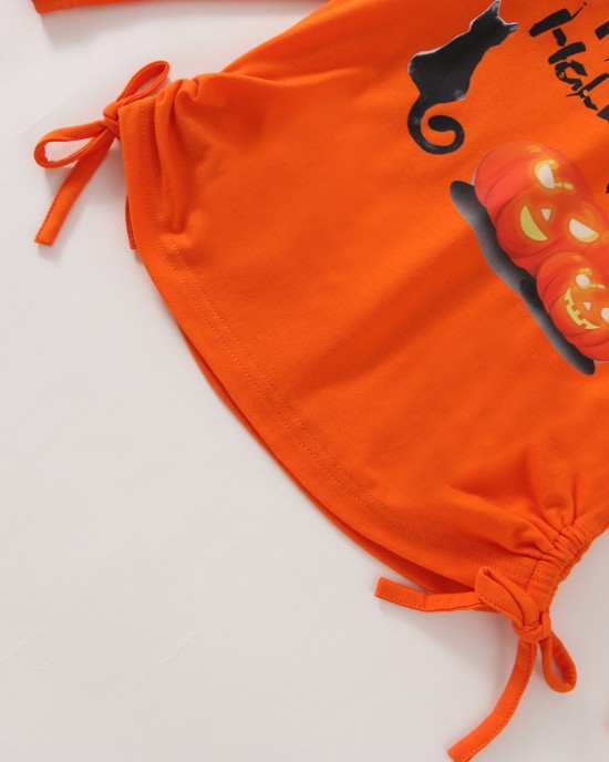 【2Y-9Y】Girl Cute Halloween Print Long Sleeve Tee And Flare Pants Set