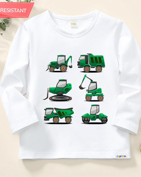 【12M-9Y】Boy Excavator Bulldozer Print Cotton Stain Resistant Long Sleeve T-shirt