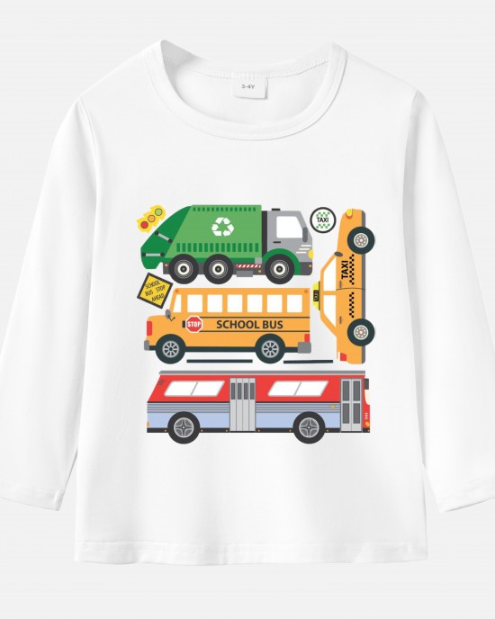 【12M-9Y】Boy Trash Trucks Print Cotton Stain Resistant Long Sleeve T-shirt