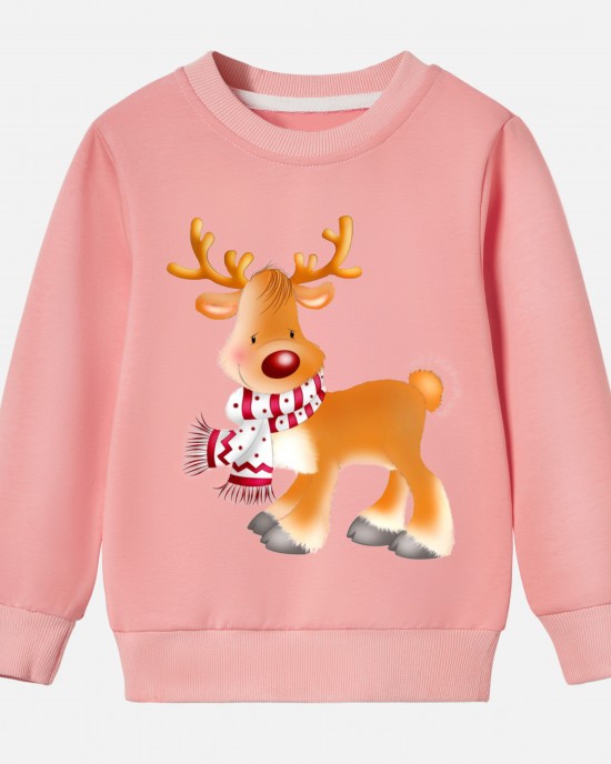 【12M-9Y】Unisex Cotton Stain Resistant Elk Print Long Sleeve Sweatshirt