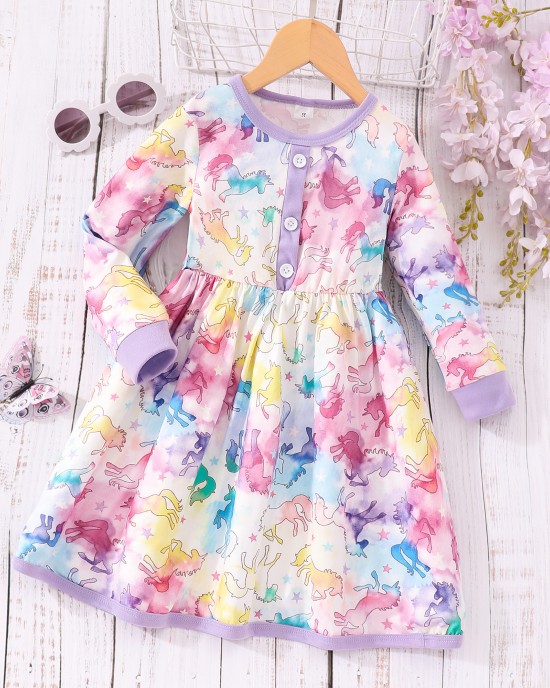 【2Y-7Y】Girl Casual Colorful Cartoon Animal Unicorn Floral Print Long Sleeve Dress