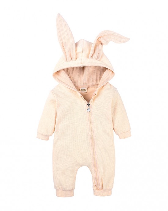 【0M-24M】Unisex Baby Cute Cotton Solid Color Rabbit Ears Hooded Zipper Romper