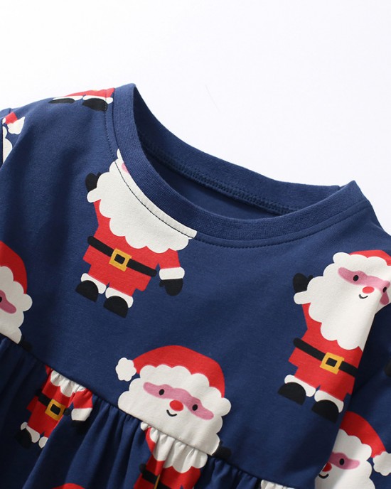 【18M-7Y】Girl Cute Christmas Santa Claus Print Long Sleeve Dress