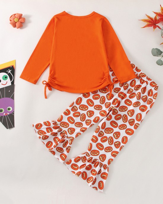 【2Y-9Y】Girl Cute Halloween Print Long Sleeve Tee And Flare Pants Set