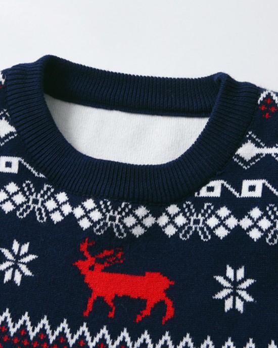 【2Y-8Y】Unisex Christmas Keep Warm Elk Snowflake Jacquard Colorblock Round Neck Sweater