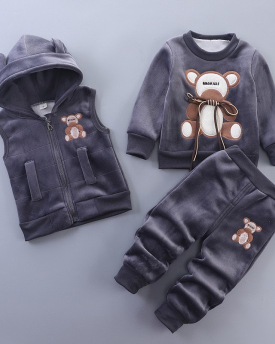 【12M-4Y】3-piece Unisex Cute Warm Monkey Embroidered Bowknot Round Neck Sweatshirt Hooded Vest Coat And Pants Set - 4450