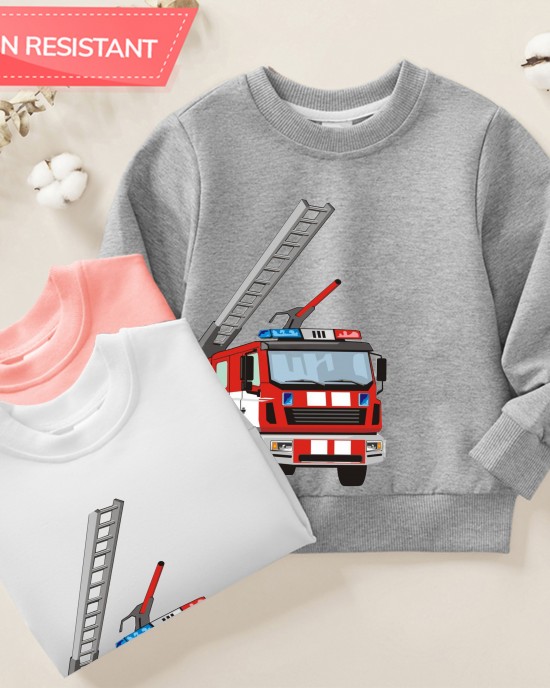 【12M-9Y】Boy Cotton Stain Resistant Fire Truck Print Long Sleeve Sweatshirt