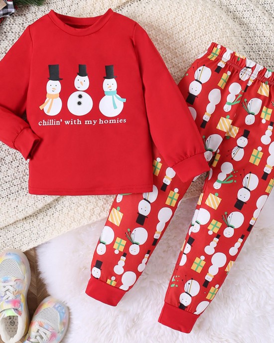 【2Y-7Y】2-piece Unisex Christmas Red Snowman Print Long-sleeved T-shirt And Cartoon Pants Set