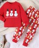 【2Y-7Y】2-piece Unisex Christmas Red Snowman Print Long-sleeved T-shirt And Cartoon Pants Set