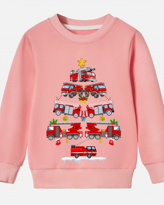 【12M-9Y】Unisex Cotton Stain Resistant Fire Truck Christmas Tree Print Long Sleeve Sweatshirt