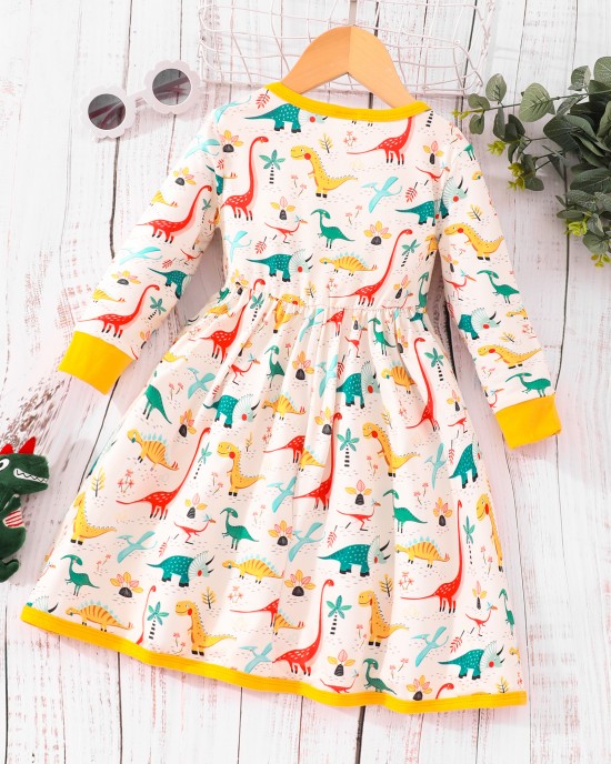 【2Y-7Y】Girl Casual Colorful Cartoon Animal Unicorn Floral Print Long Sleeve Dress