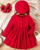 【3Y-7Y】2-piece Girl Elegant Red Corduroy Bowknot Long Sleeve Dress With Hat