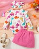 【3M-24M】3-piece Baby Girl Cute Colorful Dinosaur Long Sleeve Romper And Rose Red Skirt Set