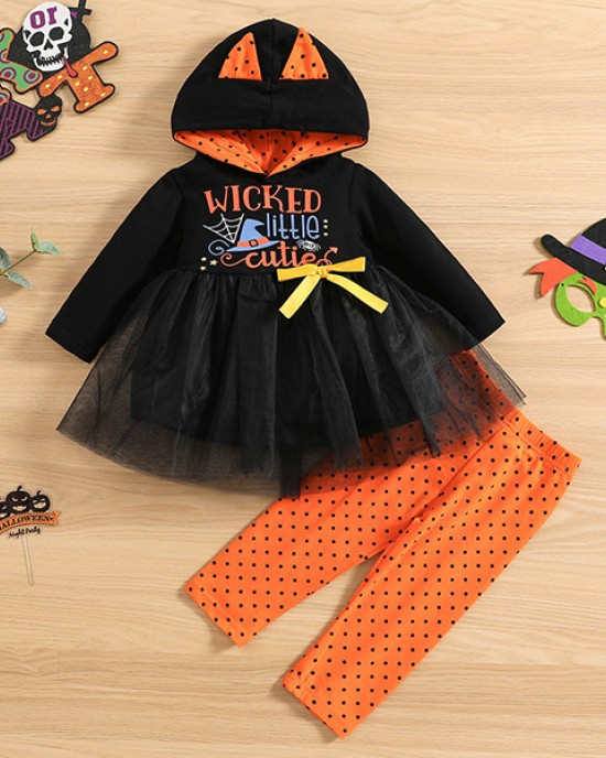 【12M-5Y】Girl Halloween Print Tulle Splicing Hooded Sweatshirt And Pants Set