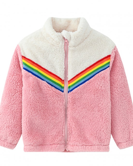 【18M-6Y】Girl Casual Fleeced Keep Warm Colorblock Rainbow Webbing High Neck Coat