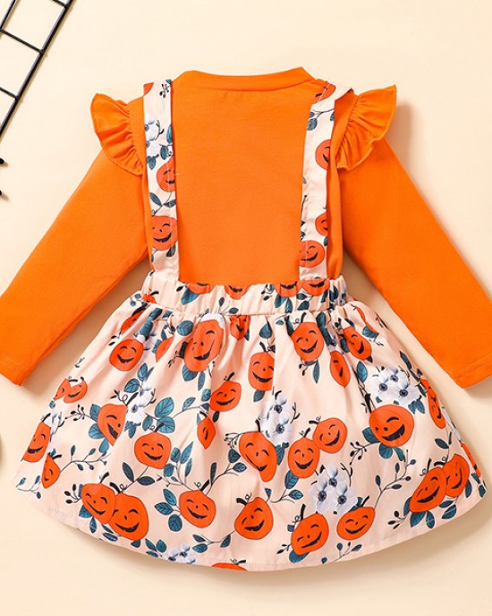 【12M-5Y】Girls Cute Halloween Print Long Sleeve T-shirt And Suspender Skirt Set