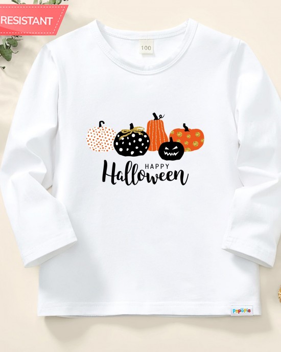 【12M-9Y】Unisex Kids Cotton Stain Resistant Halloween Cartoon Print Long Sleeve Tee