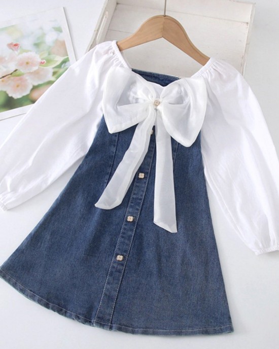 【18M-8Y】Girl Sweet Fake Two-Piece Colorblock Bowknot Long Sleeve Dress - 33354