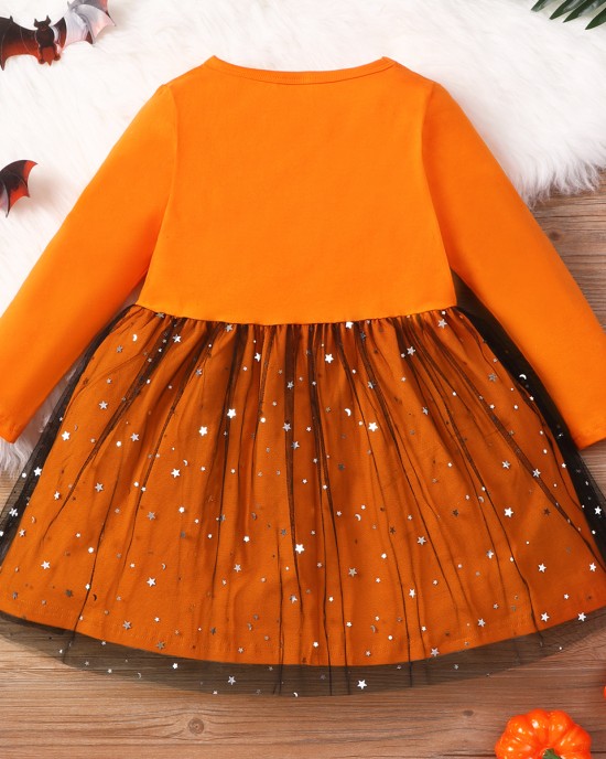 【18M-7Y】Girl Cute Halloween Print Tulle Splicing Long Sleeve Dress - 33223