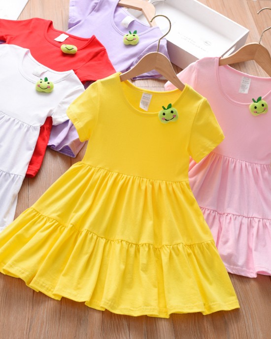 【12M-5Y】Girl Sweet Solid Color Multicolor Splicing Umbrella Hem Short-sleeved Dress