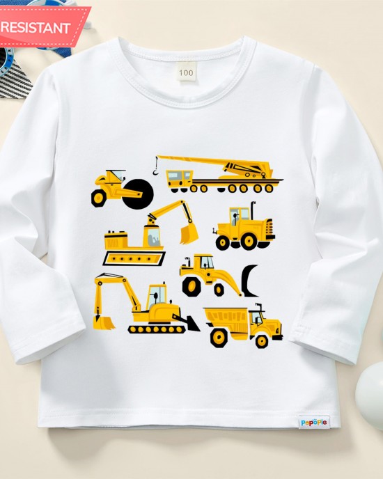 【12M-9Y】Boy Excavator Bulldozer Print Cotton Stain Resistant Long Sleeve T-shirt