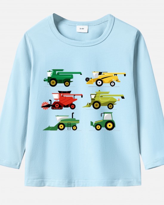 【12M-9Y】Boy Agricultural Harvester Combine Print Cotton Stain Resistant Long Sleeve T-shirt