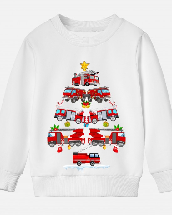 【12M-9Y】Unisex Cotton Stain Resistant Fire Truck Christmas Tree Print Long Sleeve Sweatshirt