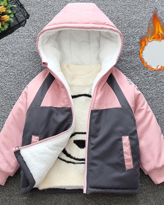 【18M-8Y】Girl Casual Velvet Keep Warm Letter Print Colorblock Hooded Jacket