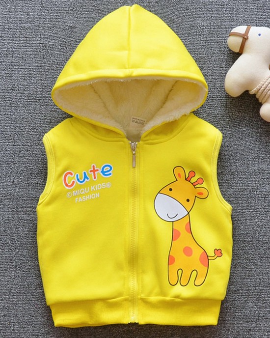 【12M-4Y】Girl Cute Velvet Keep Warm Giraffe Print Hooded Vest Coat