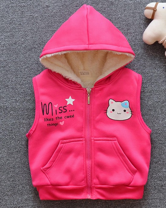 【12M-4Y】Girl Cute Velvet Keep Warm Cat Print Hooded Vest Coat