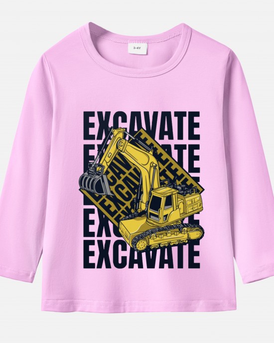 【12M-9Y】Boy Cute Excavator Print Cotton Stain Resistant Long Sleeve T-shirt