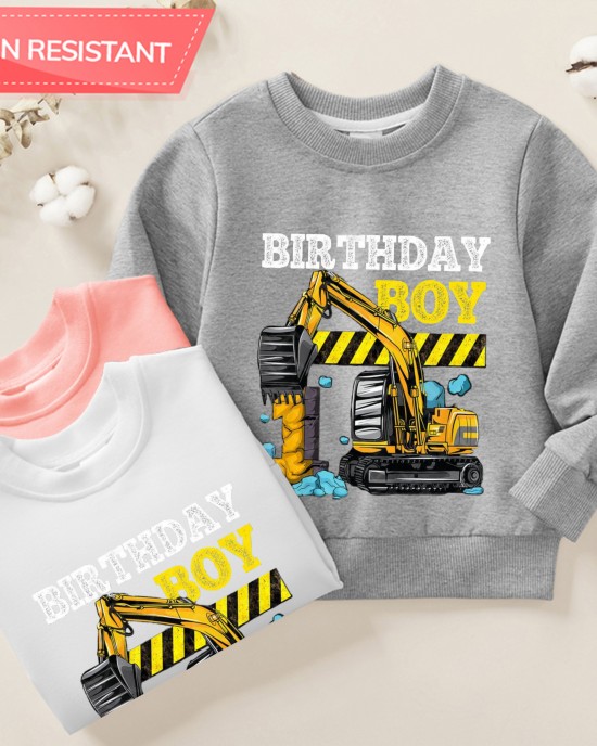 【12M-9Y】Boy Cotton Stain Resistant Excavator Print Long Sleeve Sweatshirt