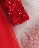 【12M-5Y】Girl Christmas Fur Collar Red Sequins Stitching Layered Tulle Colorblock Long-sleeved Princess Dress