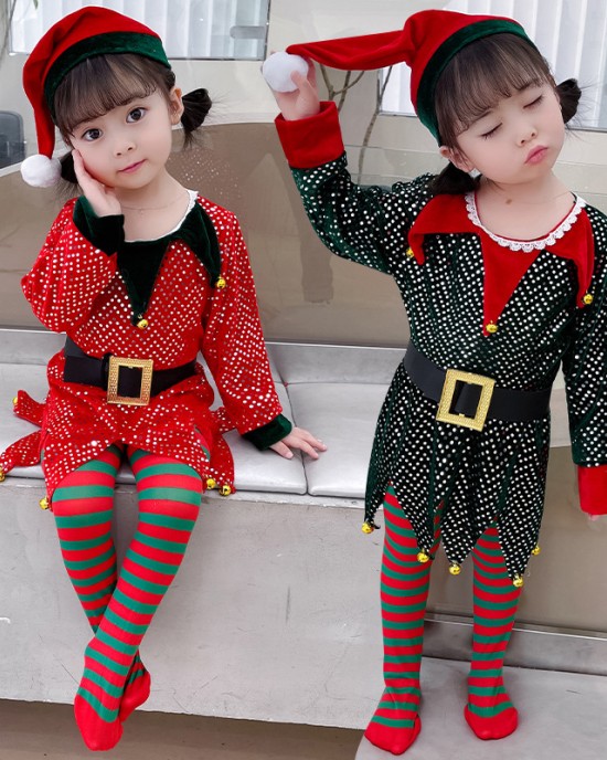 【12M-10Y】Girl Cute Christmas-themed Sequined Irregular Dress Including Santa Hat And Socks