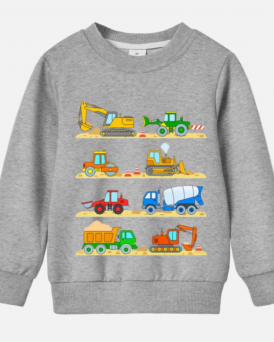 【12M-9Y】Boy Cotton Stain Resistant Excavator Bulldozers Print Long Sleeve Sweatshirt