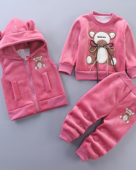 【12M-4Y】3-piece Unisex Cute Warm Monkey Embroidered Bowknot Round Neck Sweatshirt Hooded Vest Coat And Pants Set - 4450