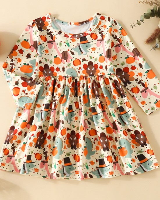 【9M-4Y】Girl Cute Thanksgiving Cartoon Pumpkin Print Long Sleeve Dress