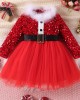 【12M-5Y】Girl Christmas Fur Collar Red Sequins Stitching Layered Tulle Colorblock Long-sleeved Princess Dress