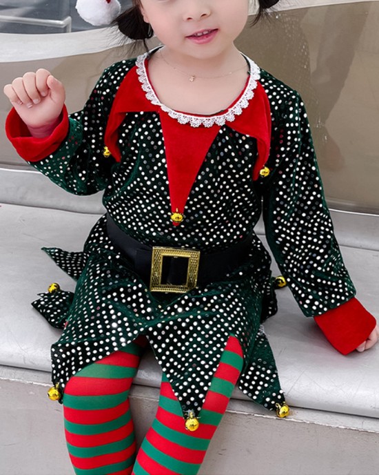 【12M-10Y】Girl Cute Christmas-themed Sequined Irregular Dress Including Santa Hat And Socks