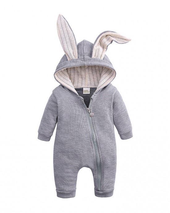 【0M-24M】Unisex Baby Cute Cotton Solid Color Rabbit Ears Hooded Zipper Romper