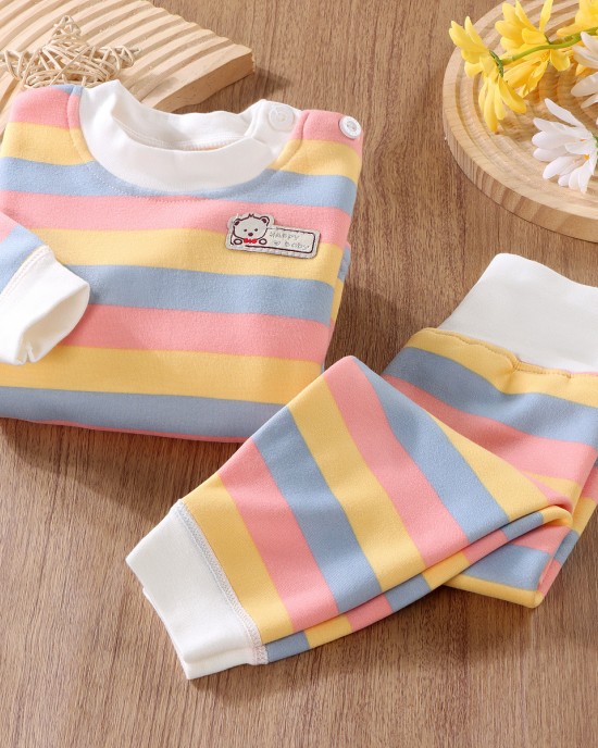 【9M-5Y】2-piece Unisex Keep Warm Colorful Stripe Print Long Sleeve Pajamas Set