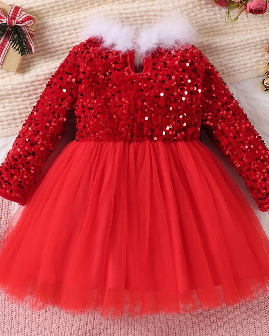 【12M-5Y】Girl Christmas Fur Collar Red Sequins Stitching Layered Tulle Colorblock Long-sleeved Princess Dress